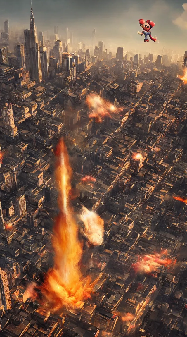 Image similar to hyperrealistic giant toy tin soldier destroying city, stunning, realistic, highly detailed attributes and atmosphere, dim volumetric cinematic lighting, 8 k octane extremely hyper - detailed render, post - processing, masterpiece, sky, art deco buildings, windows, cars, explosion, street view