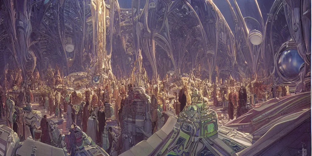Image similar to a cinematic shot of the interior of a sci - fi space station with ornate elven architecture bustling with people by jean giraud moebius, crystalline, emerald, detailed matte illustration by moebius, clean lines, sharp focus