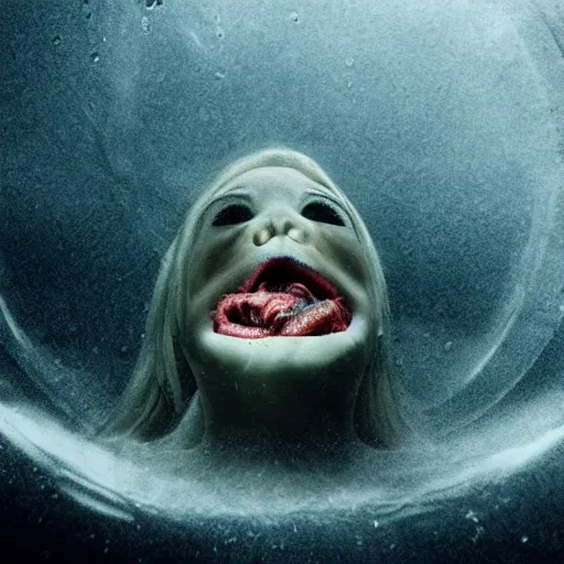 Image similar to sea monster about to eat pov underwater, pale skin, dark, foggy water, dramatic,'silent hill ', big eyes, terrifying, horrific, non - human cinematic