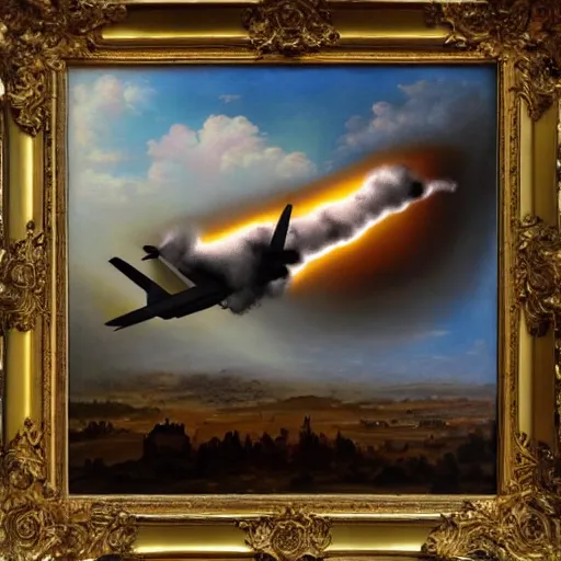Prompt: photo - realistic beautiful baroque painting of a c - 1 3 0 exploding in the sky hyperrealism magical realism fantasy realm 8 k