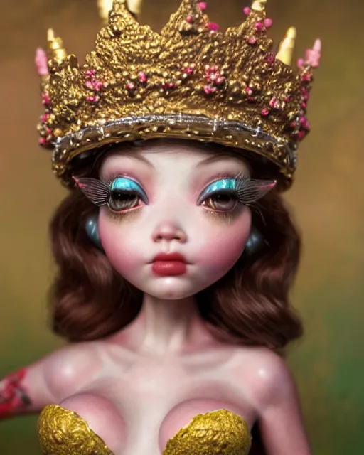 Prompt: highly detailed closeup, face profile portrait of a tin toy fairytale princess wearing a crown eating cakes, bikini, unreal engine, nicoletta ceccoli, mark ryden, earl norem, lostfish, global illumination, detailed and intricate environment