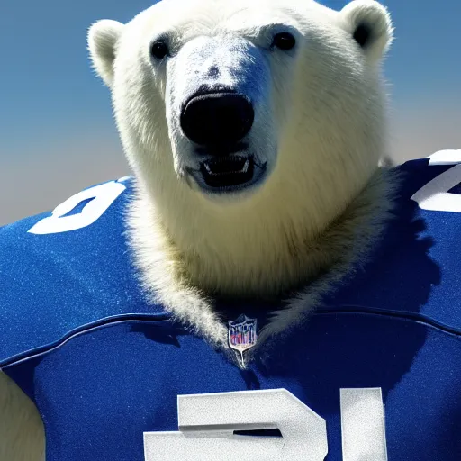 Image similar to A polar bear wearing a colts jersey. 4k, cinematic, high resolution, realistic