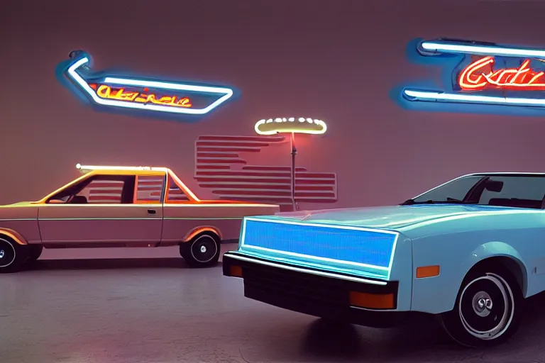 Image similar to designed by Giorgetto Giugiaro stylized poser of a 1977 Chevy Cavalier, thick neon lights, ektachrome photograph, volumetric lighting, f8 aperture, cinematic Eastman 5384 film
