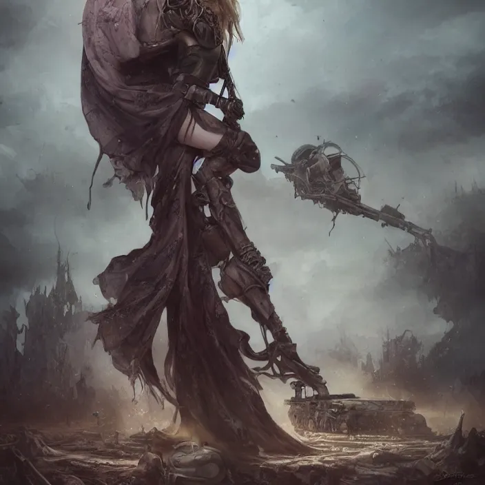 Image similar to beautiful apocalyptic woman in hooded cloak, standing on mad max panzer tank, hyper-detailed, smooth, sharp focus, 4k ultra hd, fantasy dark art, tank girl, artgerm, artstation, octane render, elegant, detailed digital painting, apocalyptic art, peter mohrbacher, Francis bacon