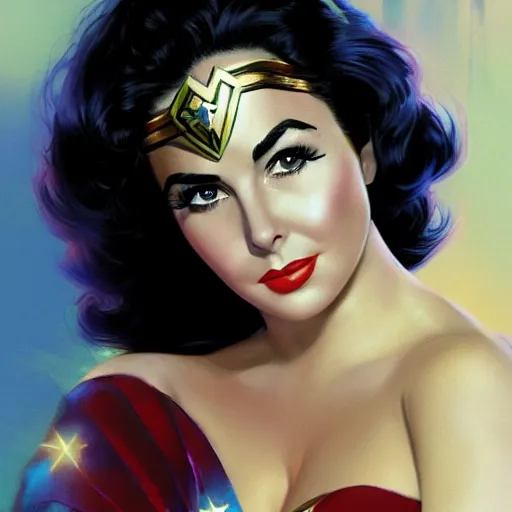 Image similar to portrait of elizabeth taylor as wonder woman. portrait, concept art, sharp focus, smooth, artstation, by alex ross, by huang guangjian and gil elvgren and sachin teng