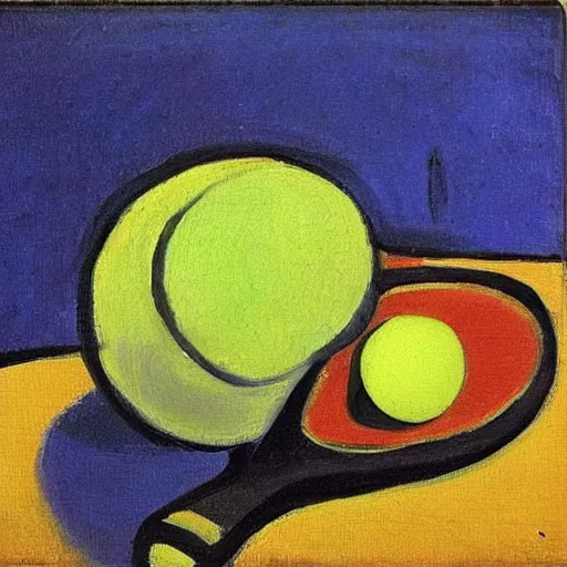 Image similar to a tennis racket and tennis ball sitting in the sun by Matisse, oil painting