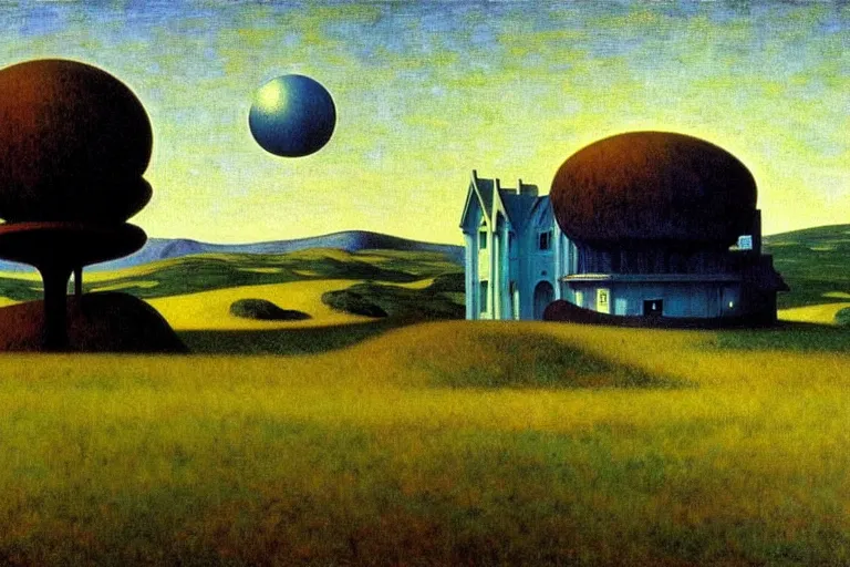 Image similar to realistic detailed landscape painting a single edward hopper house in a plain field, single ufo in the sky, futuristic sci-fi forest on background by Jean Delville, Amano, Yves Tanguy, Alphonse Mucha, Ernst Haeckel, Edward Robert Hughes, Roger Dean, rich moody colours, blue eyes