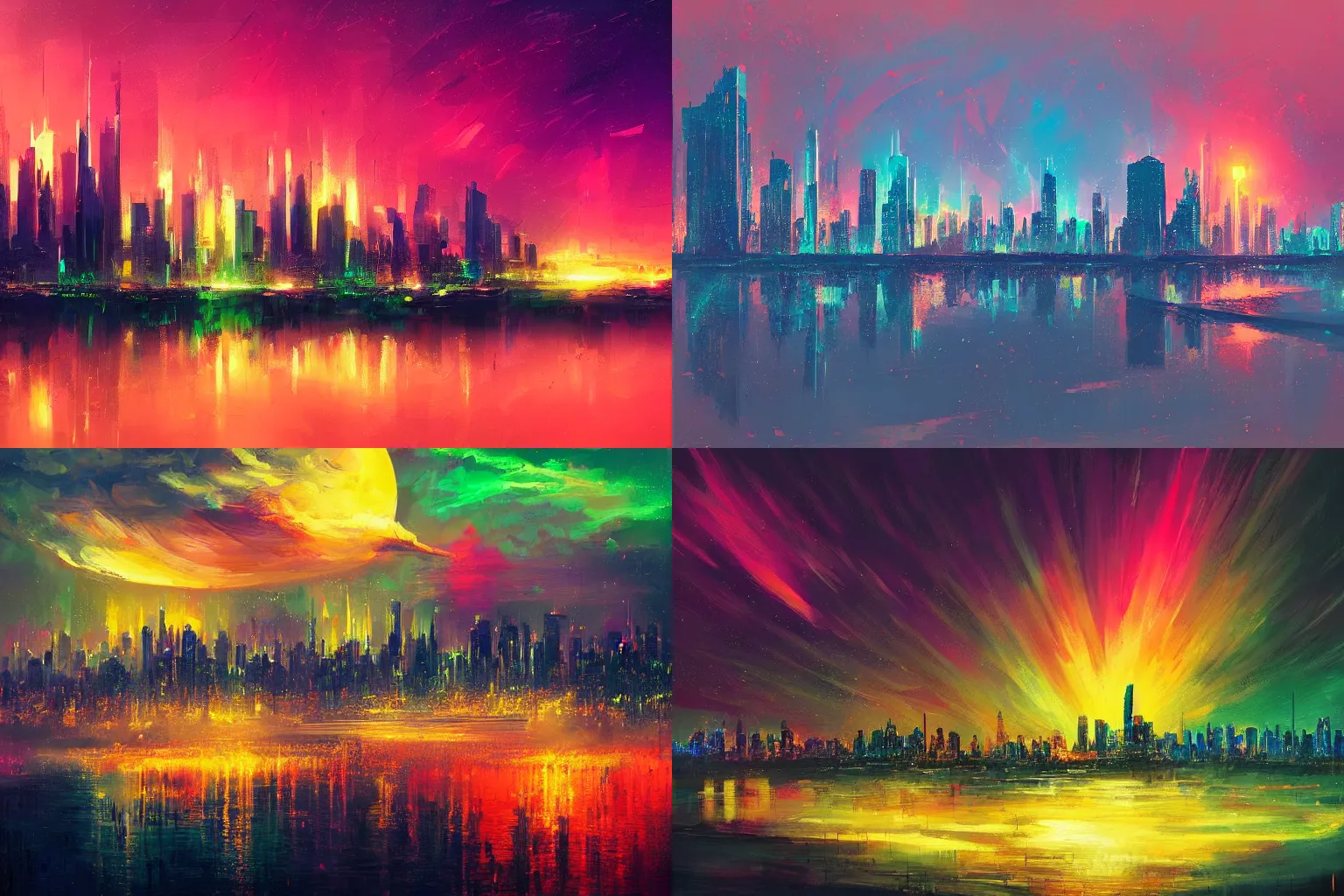 Prompt: aurora skyline, glowing, alena aenami, artstation, in the style of karol bak
