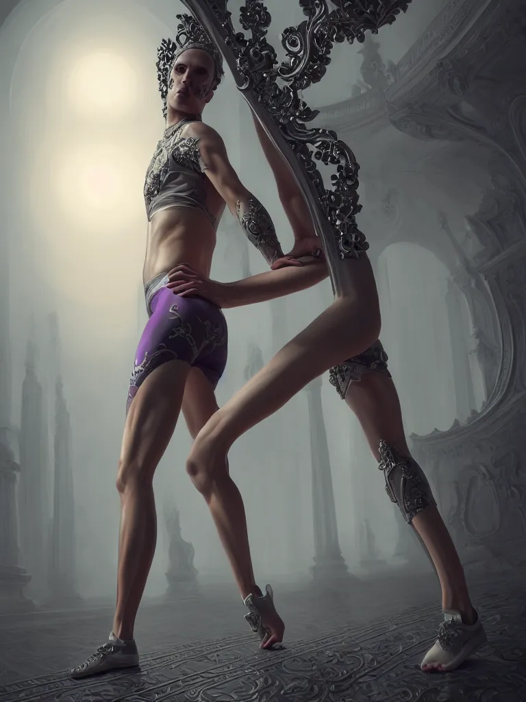 Image similar to beautiful ashhey graham in lycra yoga shorts, chrome futuristic detail misty foggy mike jordana, konstantin porubov, valeriy vegera, hypermaximalist, elegant, ornate, rococo, baroque ornament detail, elite, creepy, radiant, matte painting, cinematic, cinematic lighting, corel painter, cgsociety, atmospheric