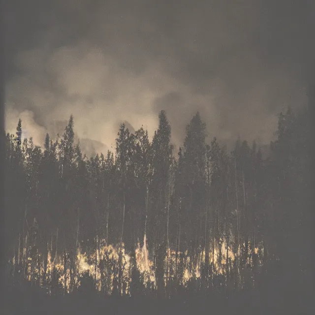 Image similar to field of cannabis burning on fire at night, forest fire, polaroid