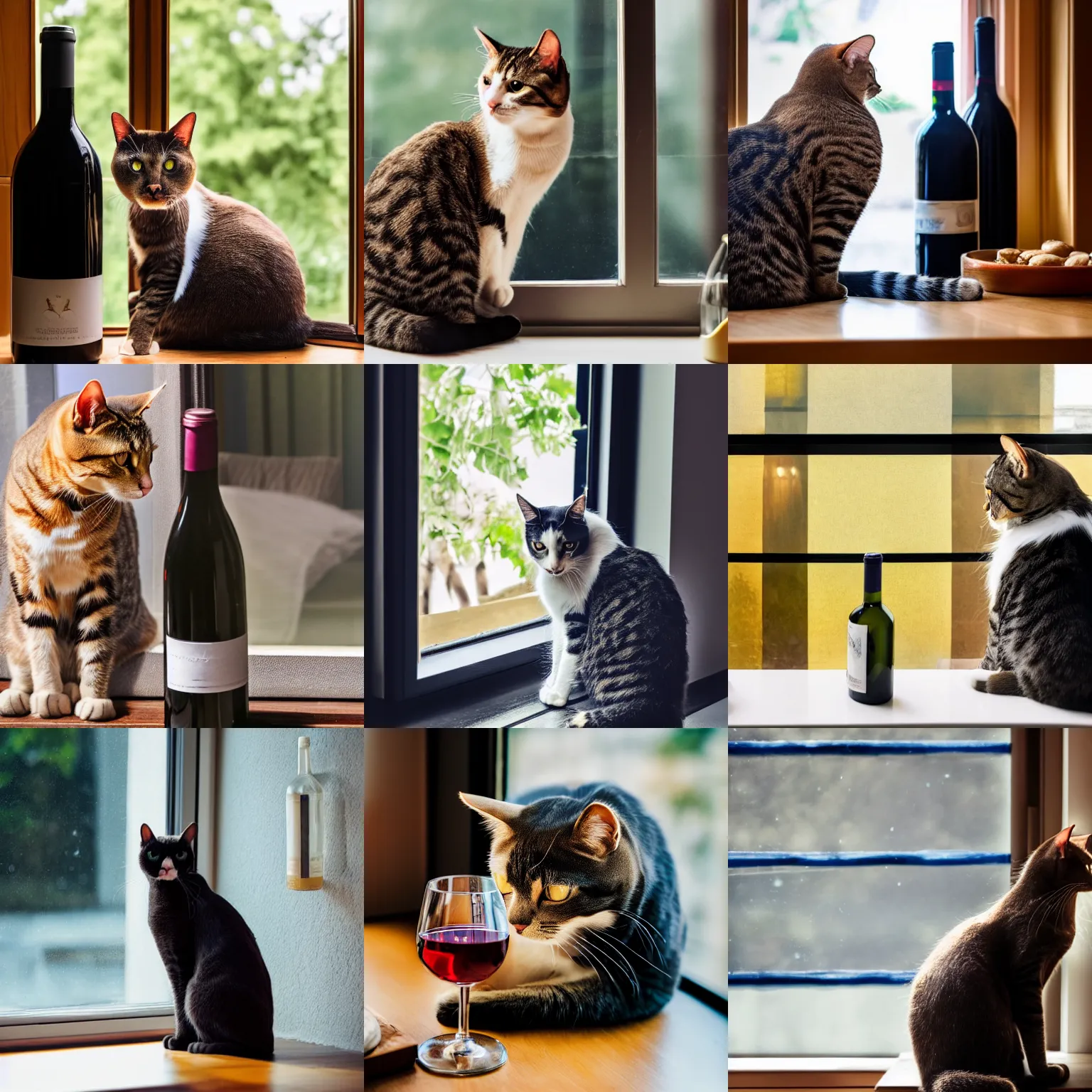 Prompt: a cat sitting in front of a window next to a bottle of wine, a stock photo by hanns katz, unsplash, renaissance, stock photo, sharp focus, photo taken with nikon d 7 5 0