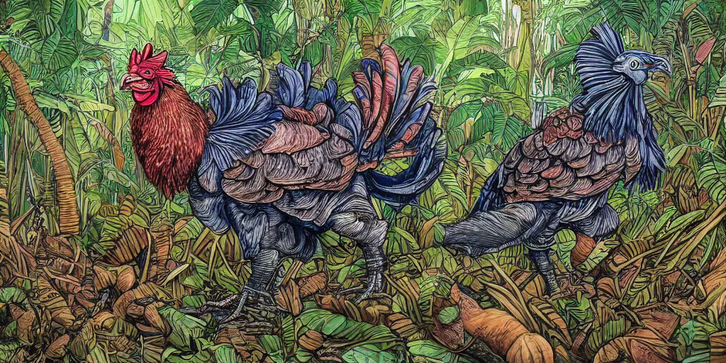 Image similar to ballpoint pen illustration of a fully armoured rooster in a dense jungle hyper detailed