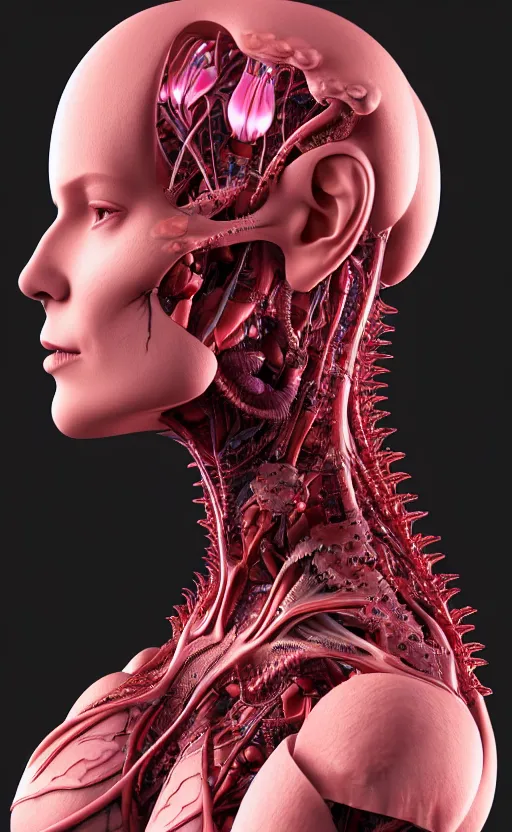 Prompt: 3D render of a beautiful profile face portrait of a female dragon-cyborg, 150 mm, flowers, Mandelbrot fractal, anatomical, flesh, facial muscles, wires, microchip, veins, arteries, full frame, microscopic, elegant, highly detailed, flesh ornate, elegant, high fashion, rim light, octane render in the style of H.R. Giger and David LaChapelle