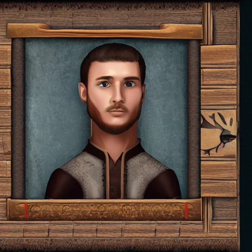 Image similar to video game medieval town villager portrait. Male, 20 years old.