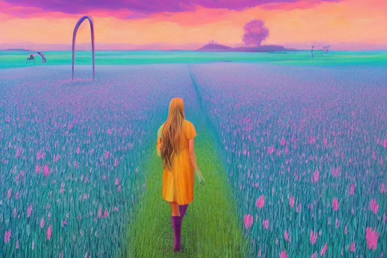 Image similar to giant gladiola head, girl walking in field of flowers, surreal photography, sunrise, blue sky, dramatic light, impressionist painting, digital painting, artstation, simon stalenhag