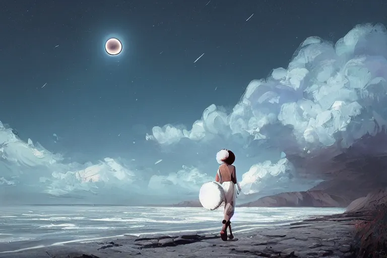 Image similar to giant white daisy flower on head, girl walking on cliff, surreal photography, solar eclipse, milky way, dramatic light, impressionist painting, clouds, digital painting, artstation, james gilleard, liam wong, jeremy mann, simon stalenhag