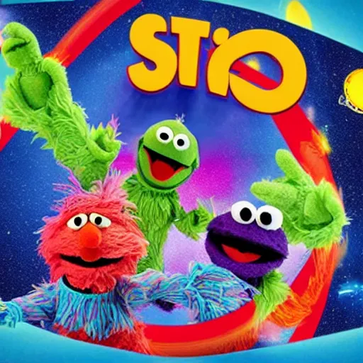 Image similar to yipyip aliens sesame street flying a ufo through space