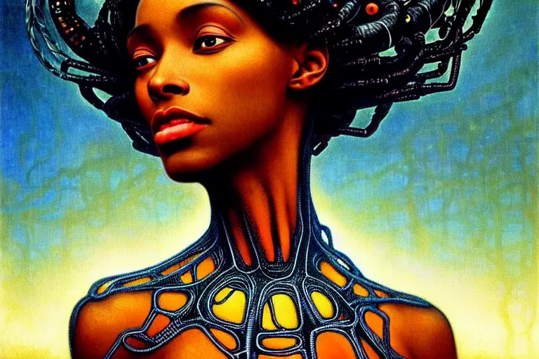 Image similar to realistic detailed photorealistic portrait movie shot of a beautiful black woman with a giant spider, dystopian city landscape background by jean delville, denis villeneuve, amano, yves tanguy, alphonse mucha, ernst haeckel, david lynch, edward robert hughes, roger dean, cyber necklace, rich moody colours, cyber patterns, wide angle