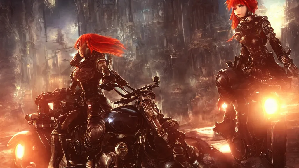 Prompt: cosplay red haired, female character, light armour, skirt, riding steampunk motorcycle, in fantasy sci - fi city, night time, city lights, motion blur, final fantasy, cinematic, realistic, stylised, unreal engine, lumen, realistic, artgerm