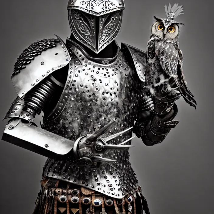 Prompt: full length photo of a warrior with metal owl themed armour, highly detailed, 4 k, hdr, smooth, sharp focus, high resolution, award - winning photo