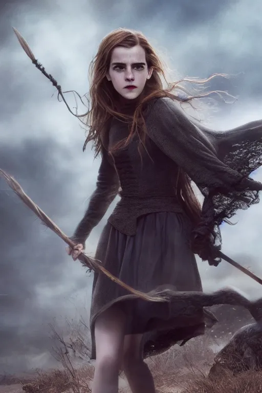 Image similar to a mix of of emma watson, anya taylor - joy and hermione granger, evil sorceress witch, lotr, movie still, hyperrealism, octane render, extremely detailed, intricate smoke magic, lace, style of mark ryden, earl nore, hyung tae, frank frazetta