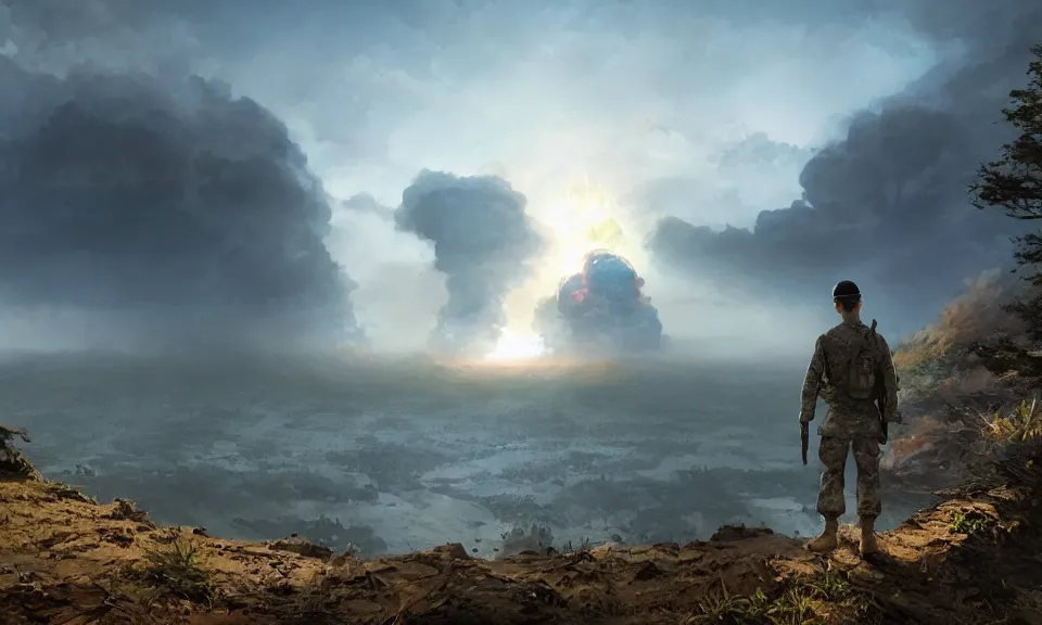 Image similar to Futuristic matte painting of a US soldier in the Vietnam War looking at a nuclear explosion at the distance at a cliff, forest, volumetric light scattering, highly detailed, digital art, Andreas Rocha, Greg Rutkowski, Darek Zabrocki, ArtStation, CGSociety, Unreal Engine, 4K, 8K