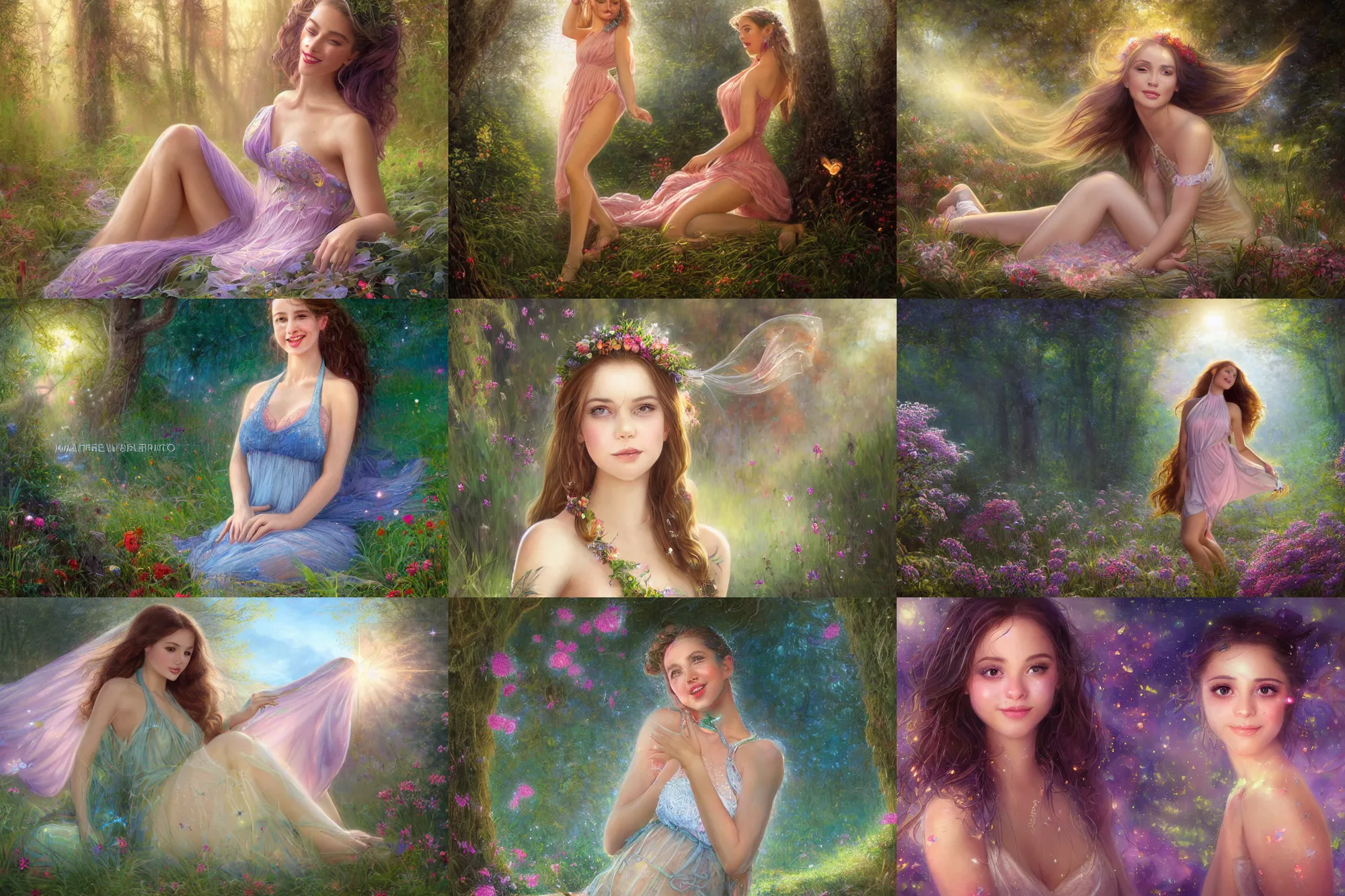 Prompt: wide shot,beautiful women,vibrant soft-glow crystal eyes, smiling soft vibrant lips, looking at the viewer, sundown misty firefly wisps,double split halter open thigh leaf dress; in the style of Lilia Alvarado, Sophie Anderson, Mark Arian, Bob Byerley, Charlie Bowater, Mark Brooks, Steve Henderson, Justin Gerard, Arthur Hughes, Edward Robert Hughes, Mark Keathley, Victor Nizovtsev, Carlos Shwabe, Ross Tran, WLOP