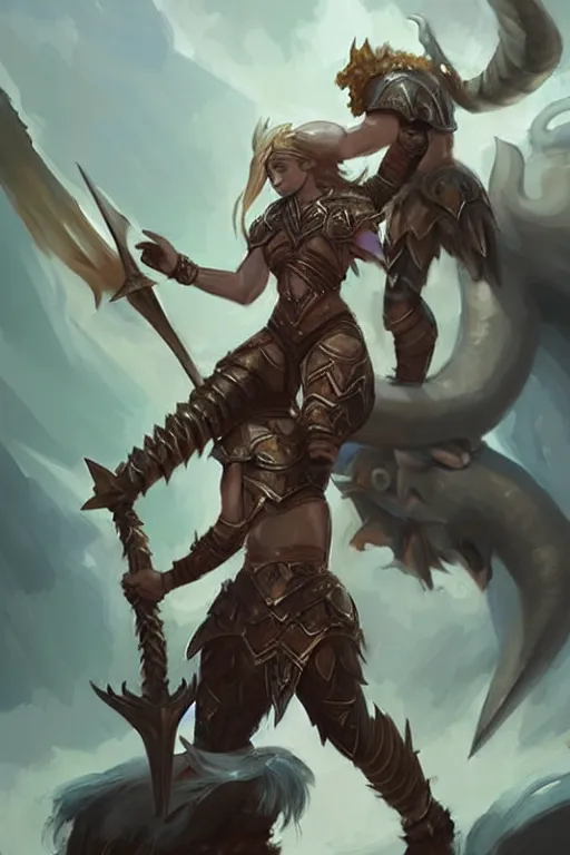 Image similar to a small triton girl wearing scale armor riding on a the shoulders of a large male goliath wearing fur and leather armor, dnd concept art, painting by ross tran and WLOP