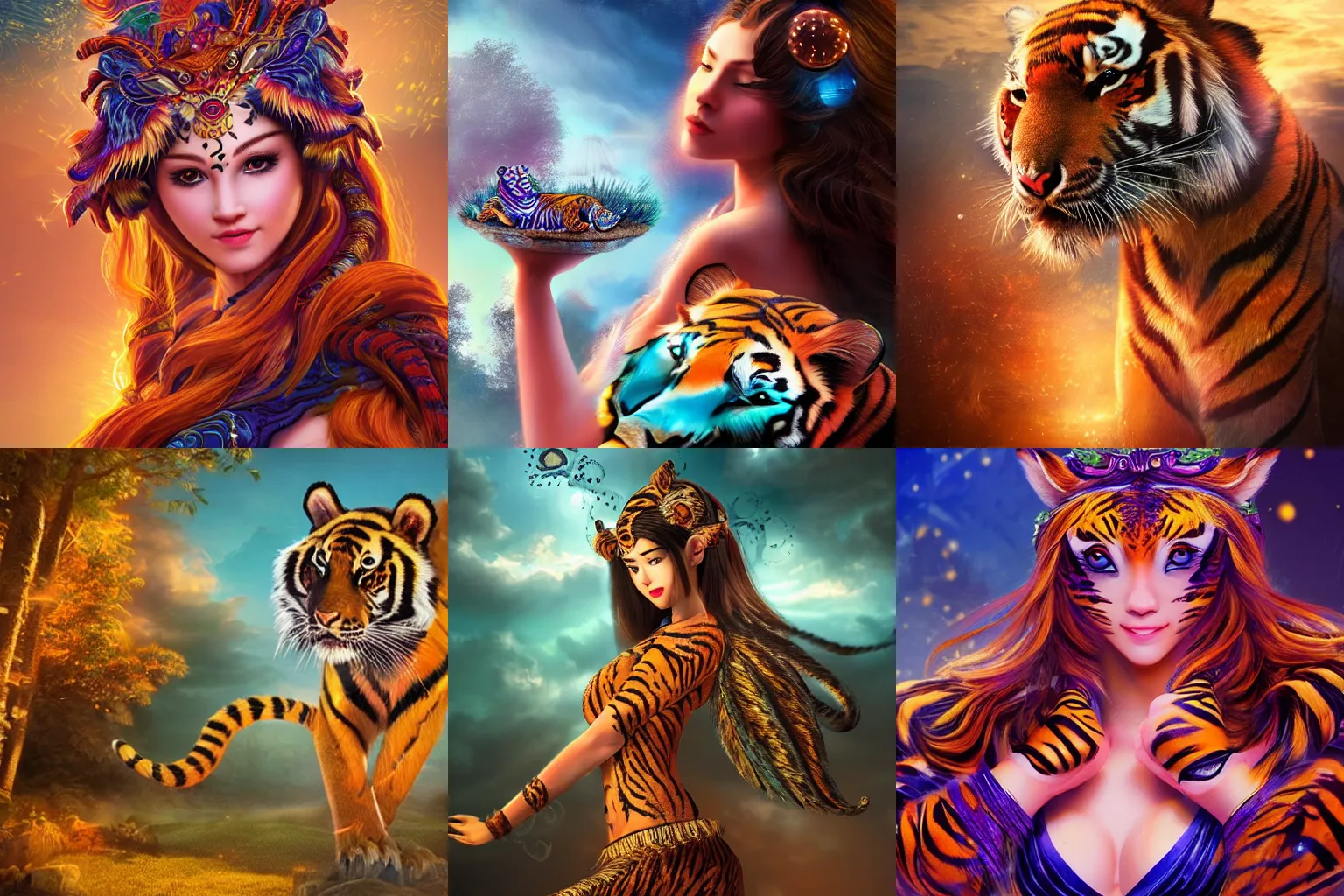 Prompt: a beautiful female goddess of tigers character, character is in all its glory, character is centered on the image, character is in her natural pose, rim lights, magic in the air, fancy clouds, highly detailed professional photo, dynamic lights, particles are flying, depth of field, trending on artstation, illustration, hyper realistic, vray caustics, super detailed, colorful accents, cinematic shot