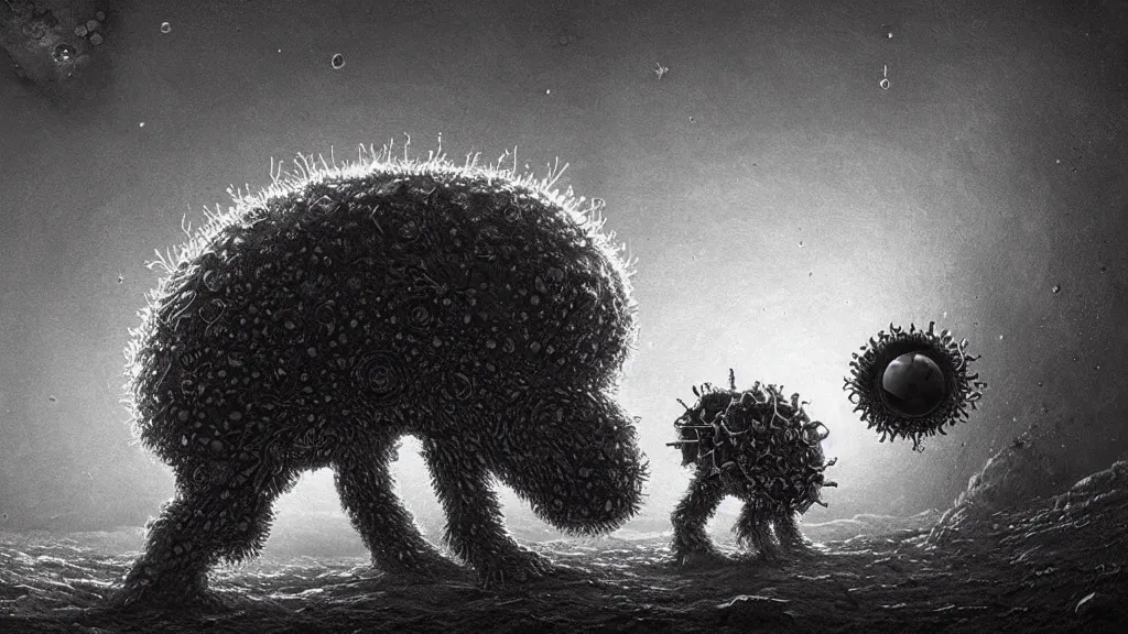 Image similar to a beautiful microscopic scientific photo of a coronavirus and a strange life form seen through an electron microscope, dark, sinister, detailed, art by Greg Rutkowski