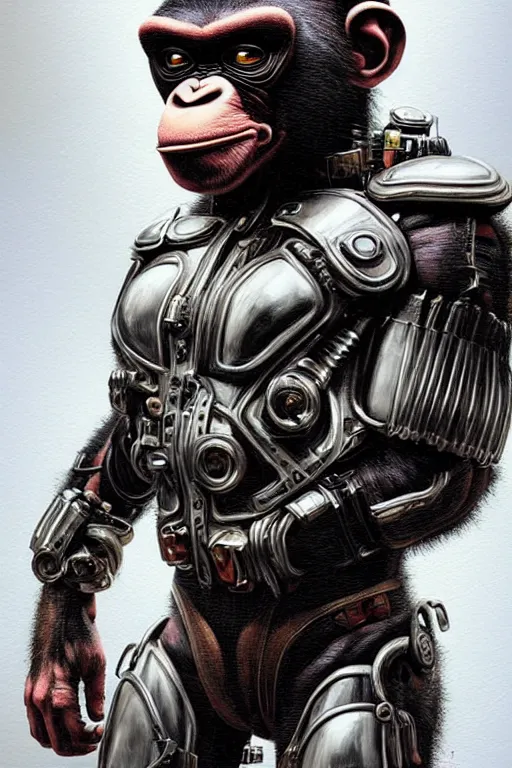 Image similar to a portrait of a muscular anthropomorphic cyberpunk chimp in spacesuit armor with ensignia on chest plate by sandra chevrier, by jon foster, detailed render, post - processing, extremely hyperdetailed, intricate, epic composition, cybernetics, 4 k realistic, cryengine, realistic shaded lighting, sharp focus, masterpiece, by enki bilal