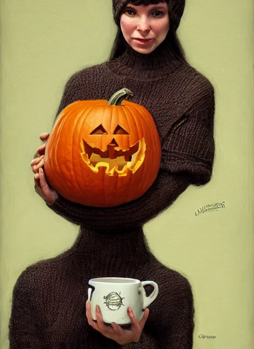 Prompt: a pumpkin wearing a sweater and holding a human head mug, highly detailed, centered, solid color background, digital painting, artstation, concept art, smooth, sharp focus, illustration, donato giancola Joseph Christian Leyendecker, Les Edwards, Ed Repka, Basil Gogos, WLOP, Artgerm