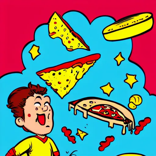 Image similar to an old comic book style drawing of a little boy flying through space eating pizza and cheese, where the planets are candy, hd, trending on artstation