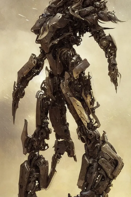 Image similar to portrait girl metal cyborg armor and metal horse by gaston bussiere, anna nikonova aka newmilky, greg rutkowski, yoji shinkawa, yoshitaka amano, tsutomu nihei, donato giancola, geoffroy thoorens, concept art, trending on artstation, featured on pixiv