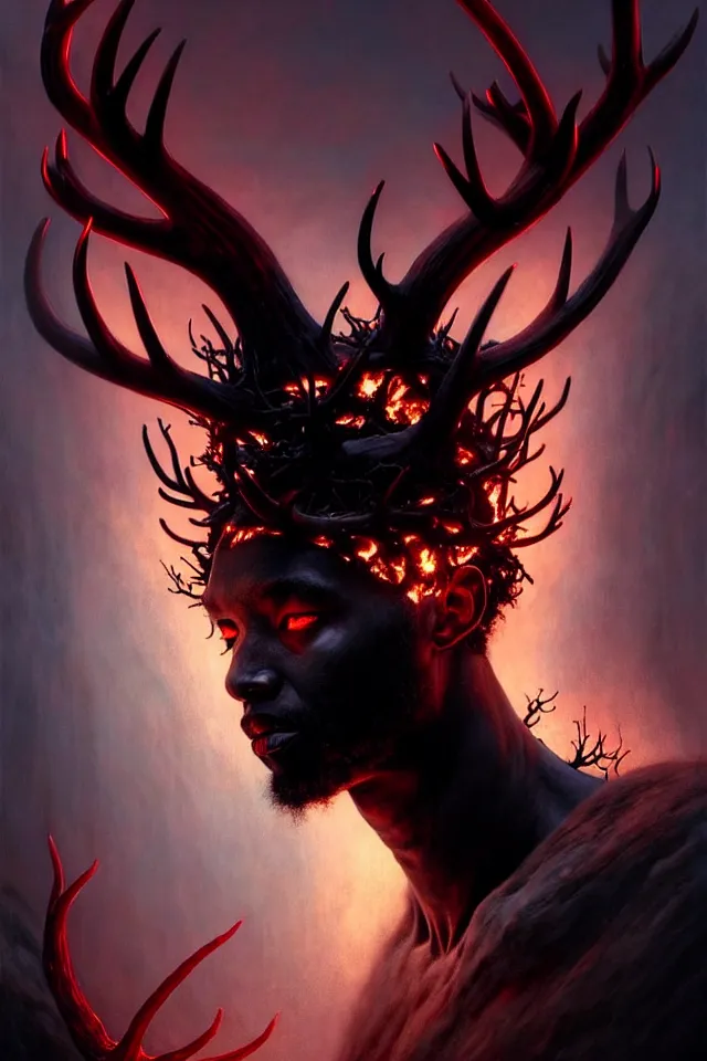 Prompt: a striking portrait of an eldritch black god king with black antlers and a burning horned crown on his head by moebius and ross tran and beksinski, trending on artstation, digital art, 4 k resolution, detailed, high quality, sharp focus, hq artwork, insane detail, volumetric lighting, character concept art, fine details, clear face