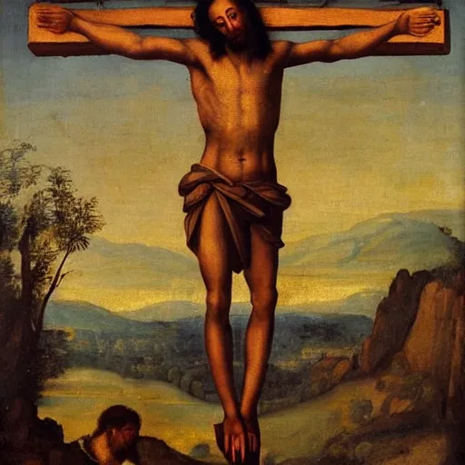 Image similar to Crucified Viktor Orban on the Golgota, renaissance oil painting,