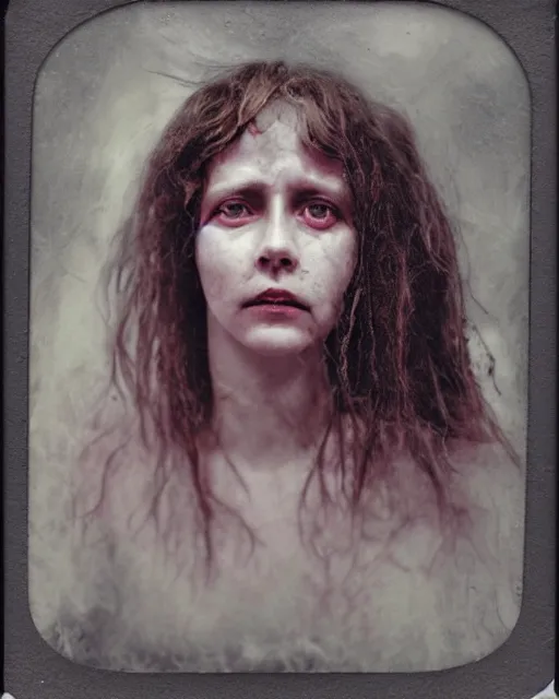 Image similar to an instant photo of a beautiful but creepy young woman in layers of fear, with haunted eyes and wild hair, 1 9 7 0 s, seventies, wallpaper, moorland, a little blood, moonlight showing injuries, delicate embellishments, painterly, offset printing technique, by mary jane ansell