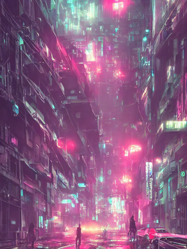 Prompt: neonpunk street, hanging cables, narrow, garbadge on the ground. rain. fog, haze, evening. led screens. very messy. futuristic. photorealistic. artstation. anime