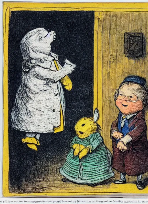Image similar to candid portrait of a yellow caricature of a moon smiling, illustrated by peggy fortnum and beatrix potter and sir john tenniel