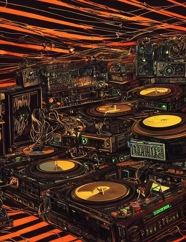 Prompt: “Artstation. A DJ playing records, crowd dancing wildly in a room full of electronic steampunk equipment with lots of electric wires and large tv screens and audio meters and voltage meters.. Bright spotlights and strobo lights. Dark, highly detailed. In a style of Mike Savad.”