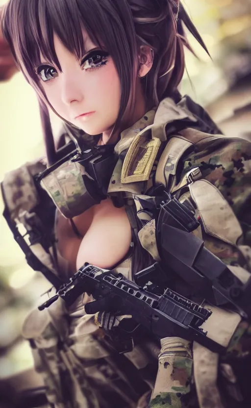 Image similar to portrait photo, highly detailed, high resolution, cosplay photo, stunning, girls frontline style, bokeh soft, 100mm, trending on instagram, by professional photographer, realistic human anatomy, real human faces, realistic military carrier, soldier clothing, modern warfare, realistic guns, shot with a canon, low saturation