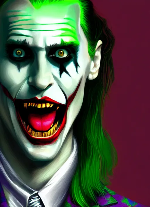 Image similar to portrait of jared leto as the joker, green hair, intricate, elegant, glowing lights, highly detailed, digital painting, artstation, concept art, sharp focus, illustration, art by wlop, mars ravelo and greg rutkowski