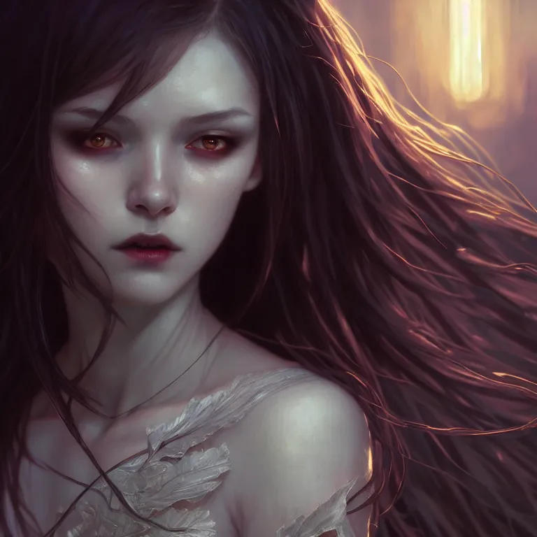 Image similar to gentle vampire, slender girl, silver skin, illustration, cinematic lighting, 8 k, d & d, frostbite 3 engine, of, artstation, intricate, digital art, twilight ray, art by tsuyoshi nagano, greg rutkowski, artgerm, alphonse mucha, radiant light, detailed and complex environment, digital art, art station trends