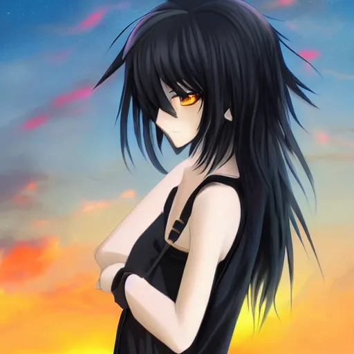 Prompt: 1 7 - year - old anime goth girl, black hair, long bob cut, long bangs, gothic coat, golden hour, partly cloudy sky, red clouds, orange sky, old town, strong lighting, strong shadows, vivid hues, ultra - realistic, sharp details, subsurface scattering, intricate details, hd anime, 2 0 1 9 anime