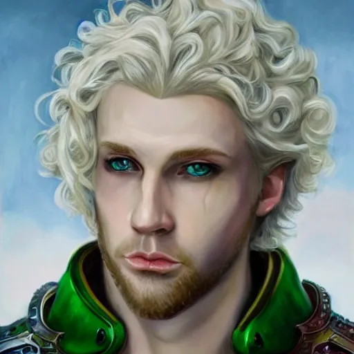 Image similar to oil painting of a beautiful platinum blond curly haired cleanshaven himbo with heterochromia, one blue eye one green eye, wearing heavy armor, d & d fantasy concept art