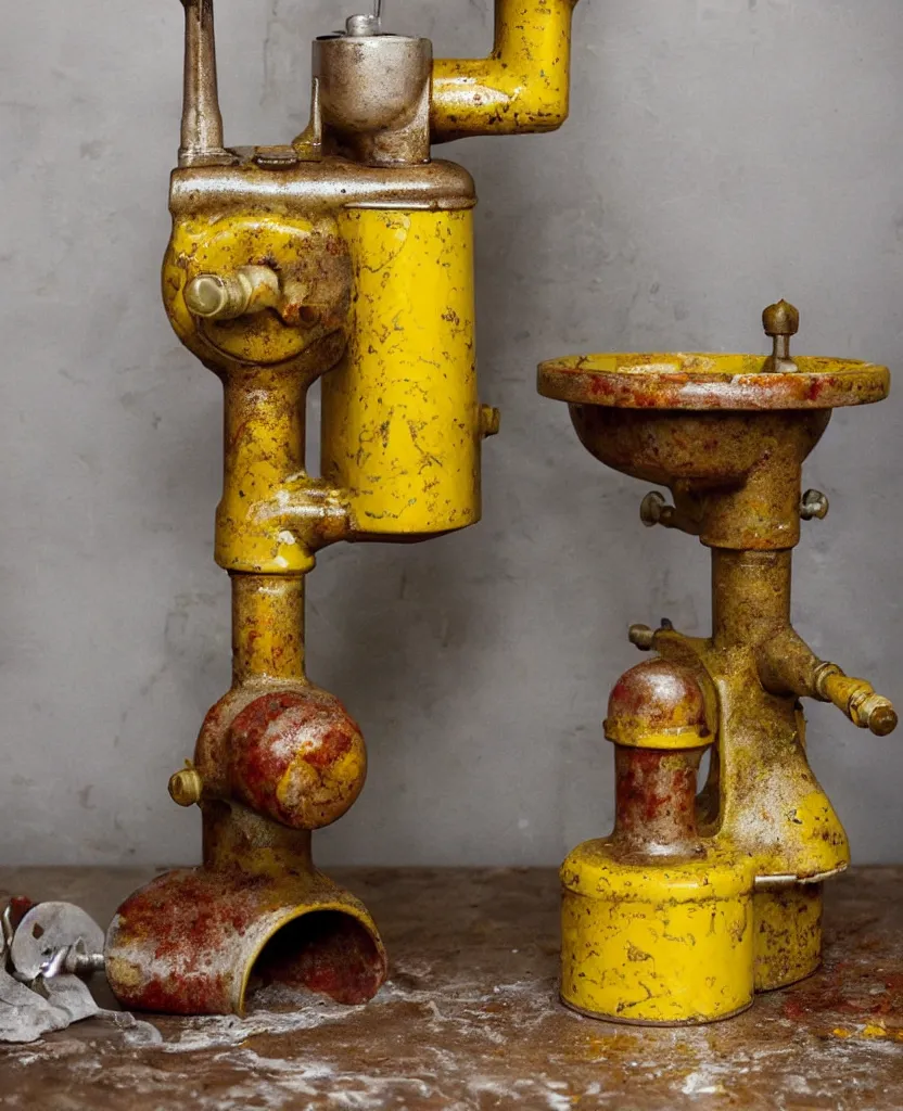 Prompt: a rusty vintage meat grinder full of mustard, ketchup and jelly spilling all over a yellow marble table