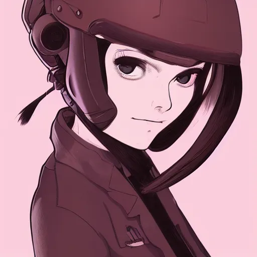 Image similar to face of a beautiful girl with a ponytail wearing a helmet, symmetrical, ilya kuvshinov, jamie hewlett, yoji shinkawa, muted colors, portrait, beautiful detailed illustration, 17th century oil painting, flat colors, studio ghibli, cel shading