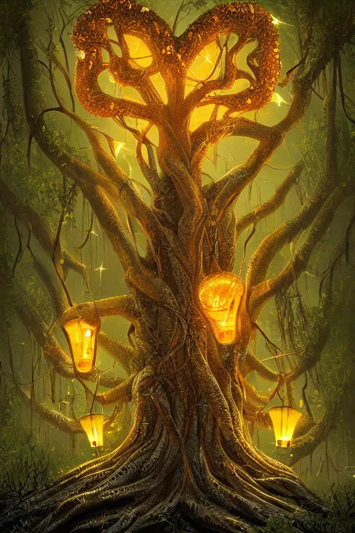 Image similar to a beautiful digital illustration painting of a detailed gothic fantasy fireflies and roots, fantasy tree with heart carved into the bark by giorgio de chirico, and david rios ferreira. 8 k resolution trending on artstation concept art digital illustration