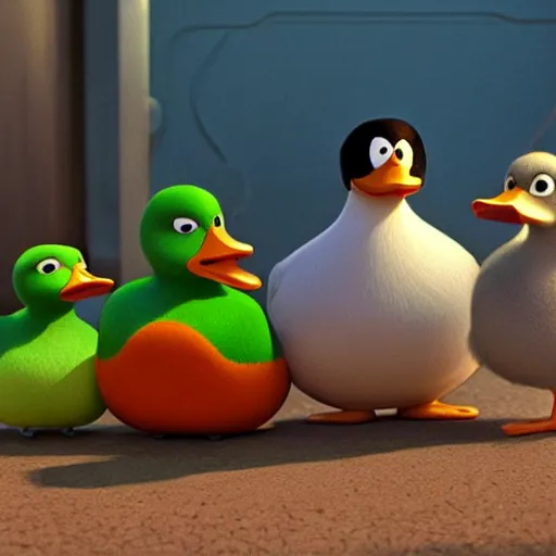 Image similar to Cute little duck family, still from a pixar!! movie