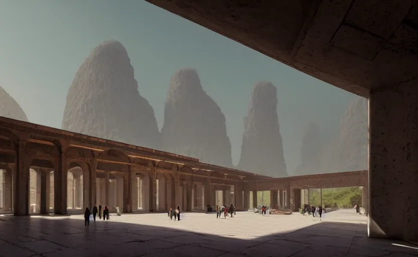 Prompt: exterior shot of utopian train station on in the middle of an ancient persian temple hill with cinematic lighting by peter zumthor and renzo piano, darek zabrocki and greg ruthkowski, simon stalenhag, cinematic, holy place, paradise, scifi, futurism, atmospheric, concept art, artstation, trending on artstation